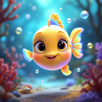 The primary subject of the image is a cartoon fish with a smile on its face. The fish is floating in a blue and green underwater environment, surrounded by various plants and bubbles. The visual style of the image is digital art, as it appears to be a computer-generated illustration. The colors and mood of the image are bright and cheerful, with the fish's smile and the vibrant colors of the underwater setting creating a lively and playful atmosphere.